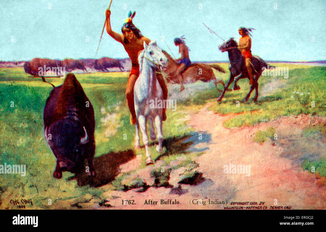American Indian uomini buffalo di caccia a cavallo, 1762. Illustrazione di Craig (1908). Pubblicato da Williamson Haffner Co. Foto Stock