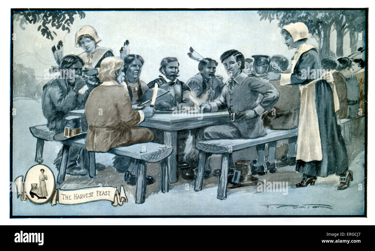 "Festa del raccolto': coloni e indiani americani di mangiare insieme. I coloni e indiani Wampanoag condiviso una festa del raccolto nel 1621: un precursore del moderno "ringraziamento" festa. Pubblicato da Geo. E. Keith Company (scarpe Walk-Over company), che dispone di collegamenti per il primo insediamento in America. Foto Stock
