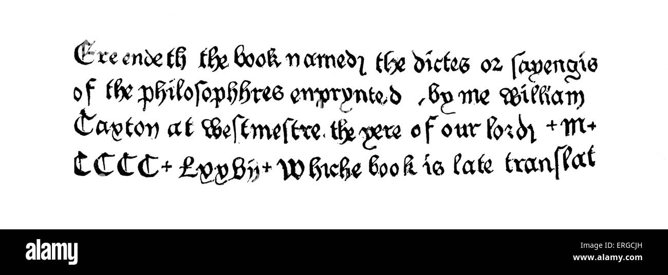 William Caxton - stampa fascimilie da 'Dictes e proverbi dei filosofi", 1477. Considerata la prima persona in inglese Foto Stock