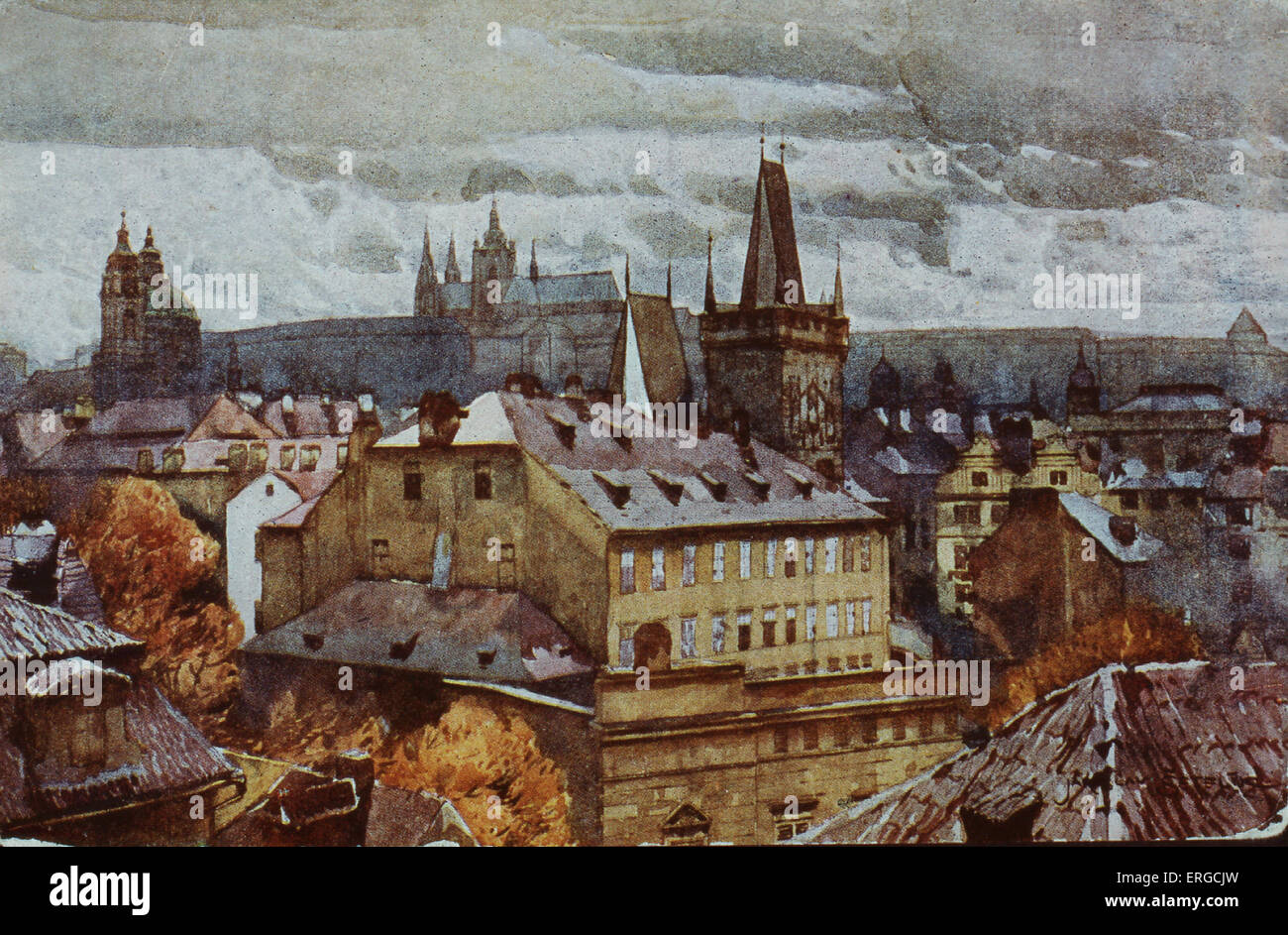 Praga vista sui tetti delle case del XIX secolo la pittura su una cartolina Foto Stock