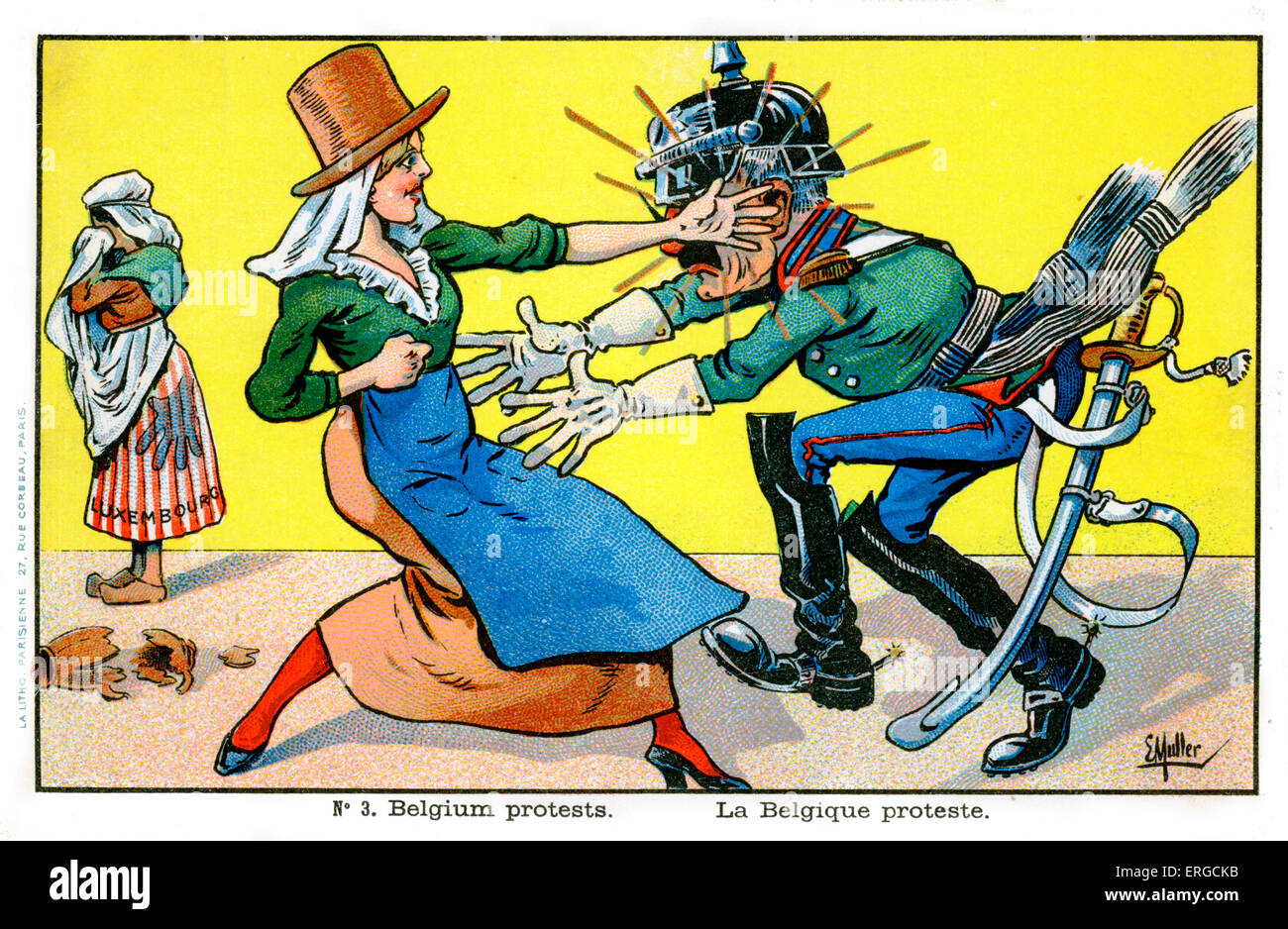 Belgio proteste - caricatura. Raffigura una donna belga, che rappresenta il Belgio, smacking un uomo in uniforme austro-ungarico attraverso Foto Stock