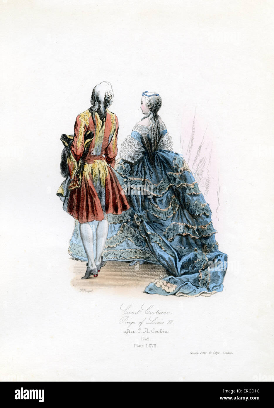 Costume di corte durante il regno di Luigi XV, 1745 - da incisione di Polidor Pauquet dopo C. R. Cochin. LXV, re di Francia: 15 Foto Stock