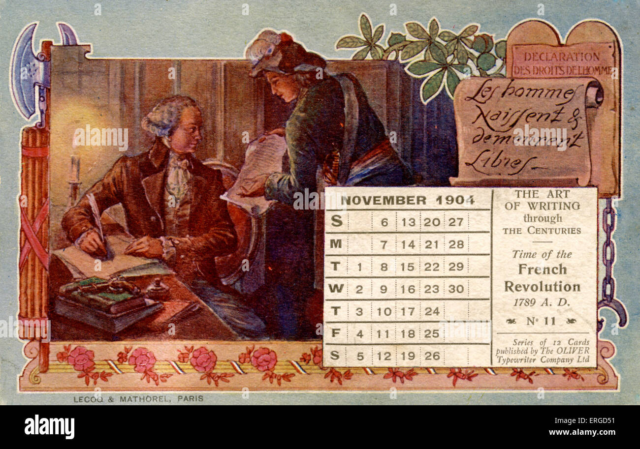 Calendario per il mese di novembre 1904. Illustra la scrittura della dichiarazione des droits de l'homme' (Dichiarazione dei diritti di Foto Stock