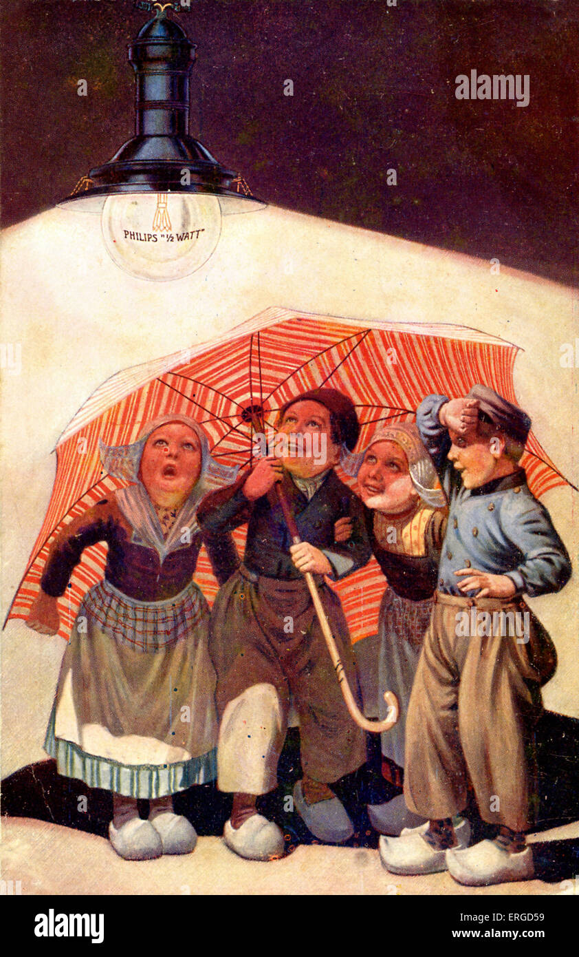 Annuncio pubblicitario olandese per Philips 1/2 watt lampadina. Mostra quattro bambini in Olandese tradizionale ombreggiatura costume da soli dalla luce usando un ombrello. c.1900. Foto Stock