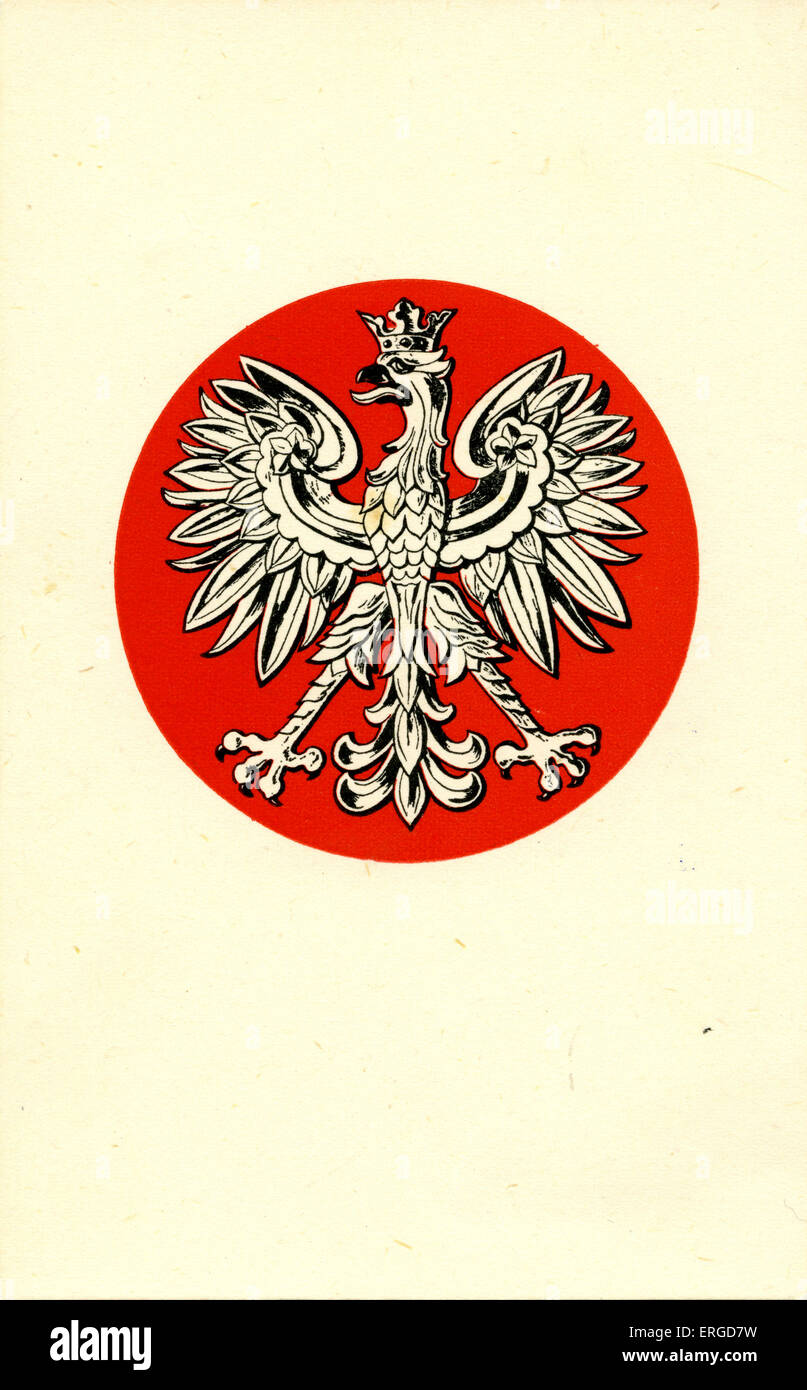 Il polacco stemma. Bianco Aquila (Orzeł Biały) indossando una corona su uno scudo rosso. Foto Stock