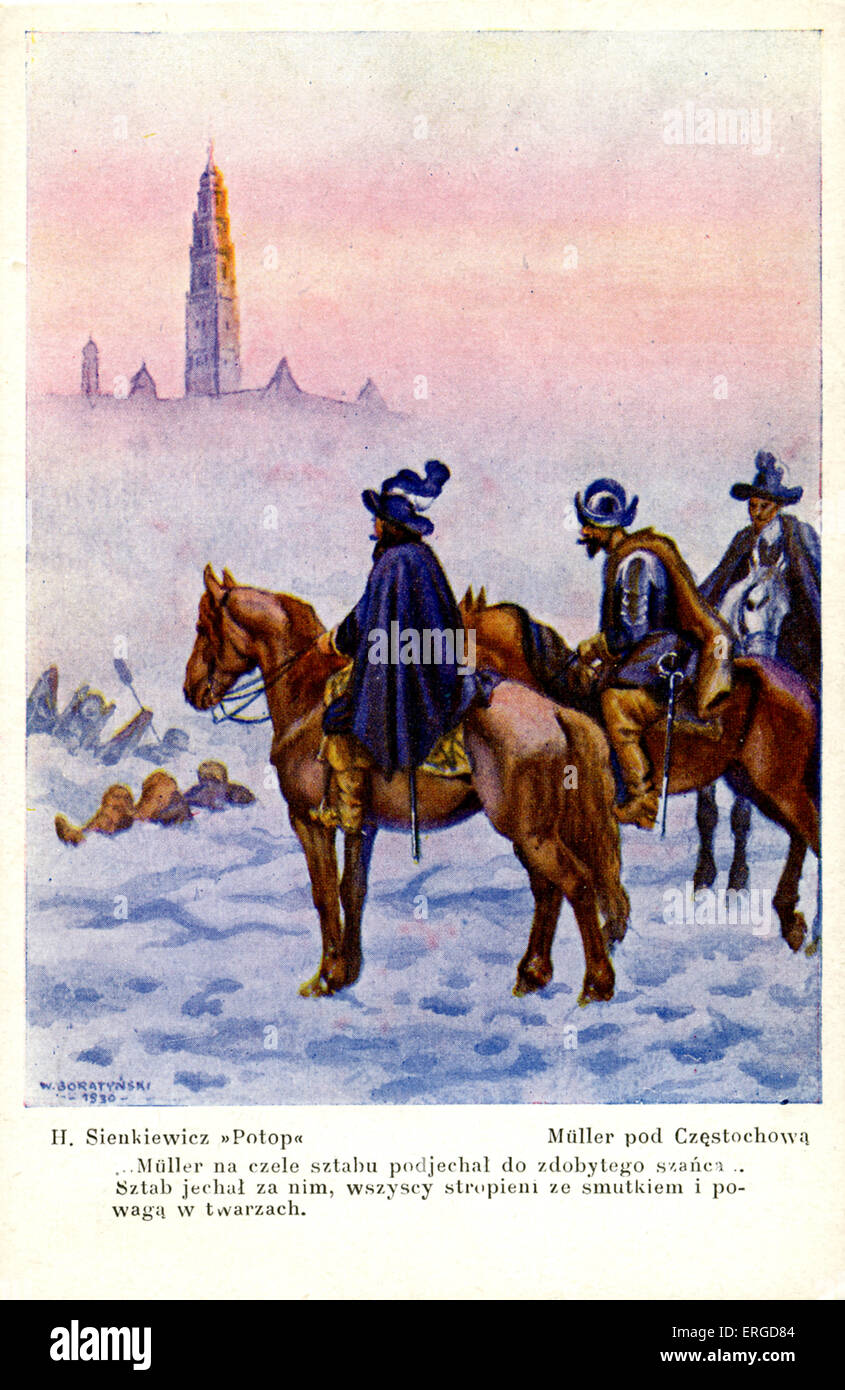 Müller in viaggio per la Cecoslovacchia. Da 'Potop' (Il diluvio), storico romanzo di Henryk Sienkiewicz. Didascalia dal libro si legge: "Müller na czele sztabu podjechał fare zdobytego szańca. Sztab jechał za nim, wszyscy stropieni ze smutkiem i powagą w twarzach.". Foto Stock