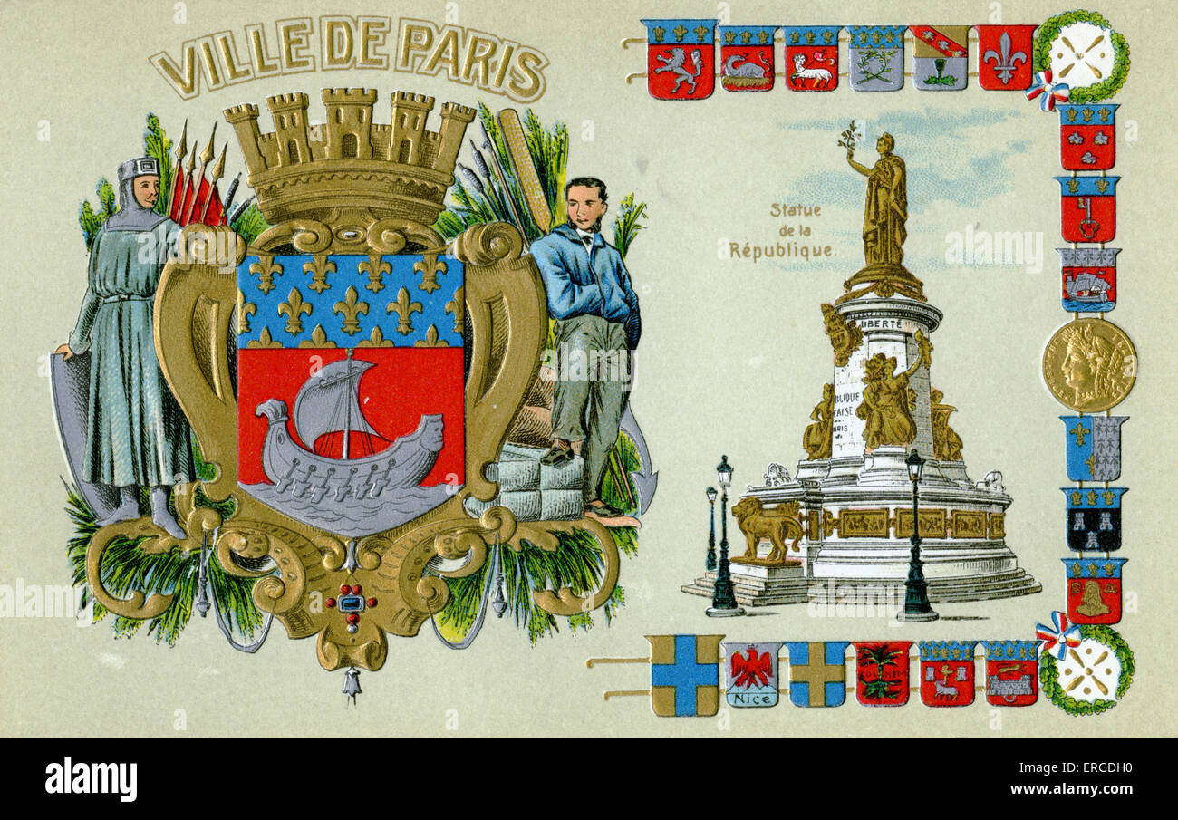 Cartolina di Parigi - con la foto della statua de la République. C. 1900. Foto Stock