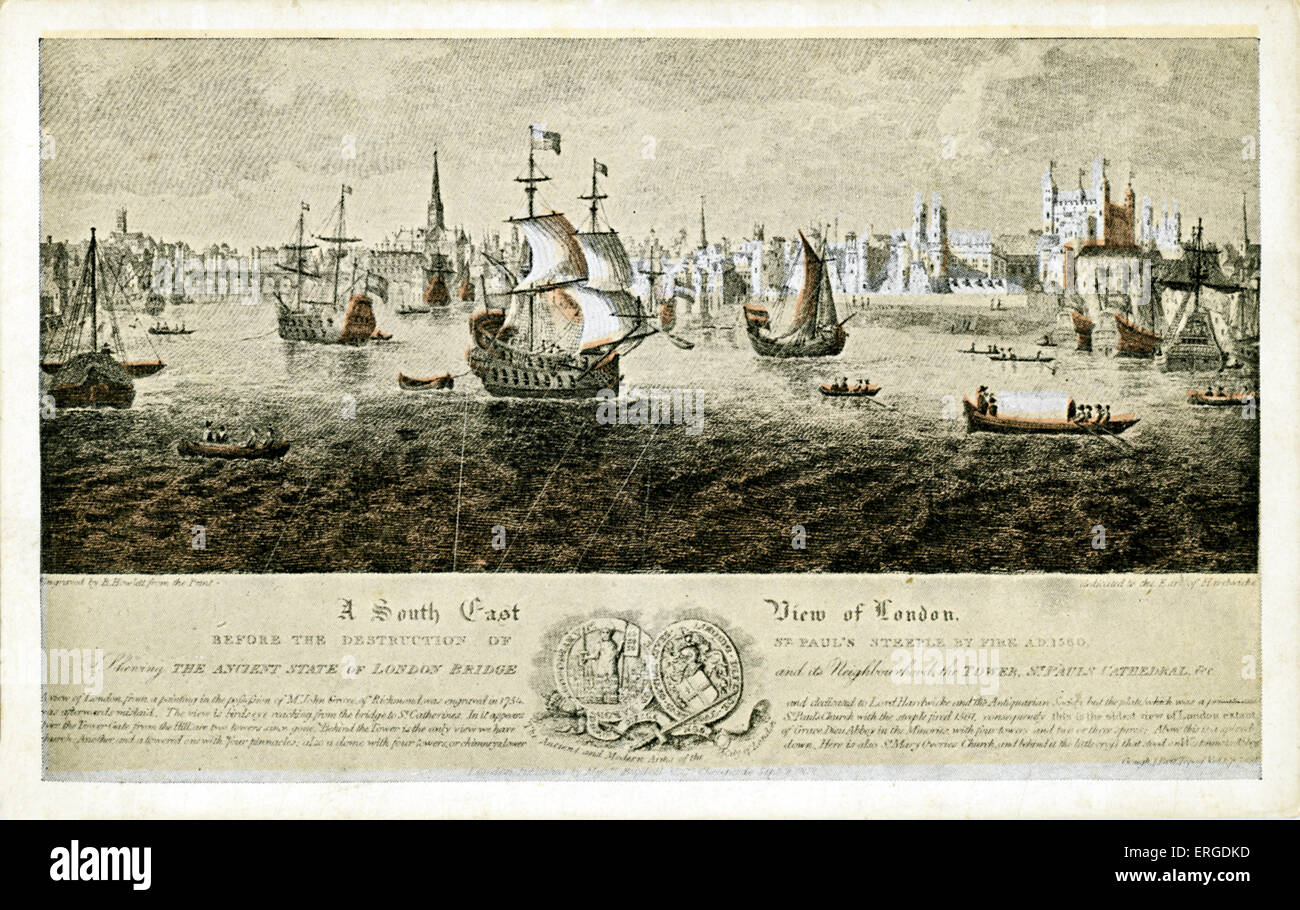 Vista di Londra da Sud Est, c.1560. Mostra navi e imbarcazioni sul Tamigi e una vista di Londra che includono la guglia di Foto Stock