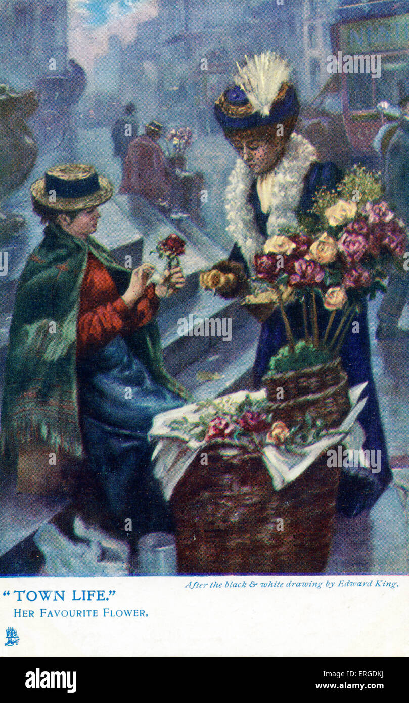 Un venditore di fiori sul lavoro, Londra. La didascalia recita: "i suoi fiori preferiti'. Dopo il bianco e nero disegno da Edward Re. Foto Stock