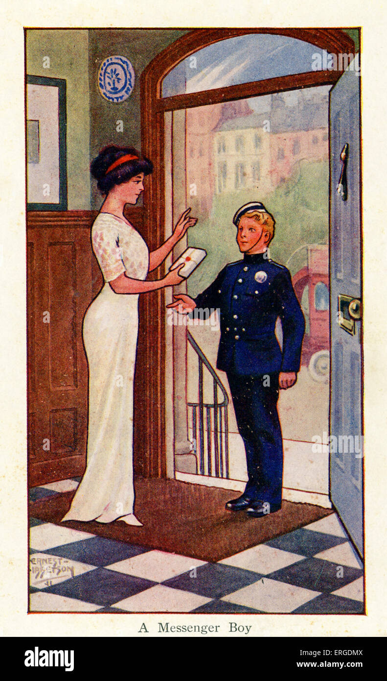 Un ragazzo di messenger, Londra, 1911. Mostra un ragazzo la consegna di un messaggio ad una donna in persona. Illustrazione da Ernest Ibbetson, inglese britannico Foto Stock
