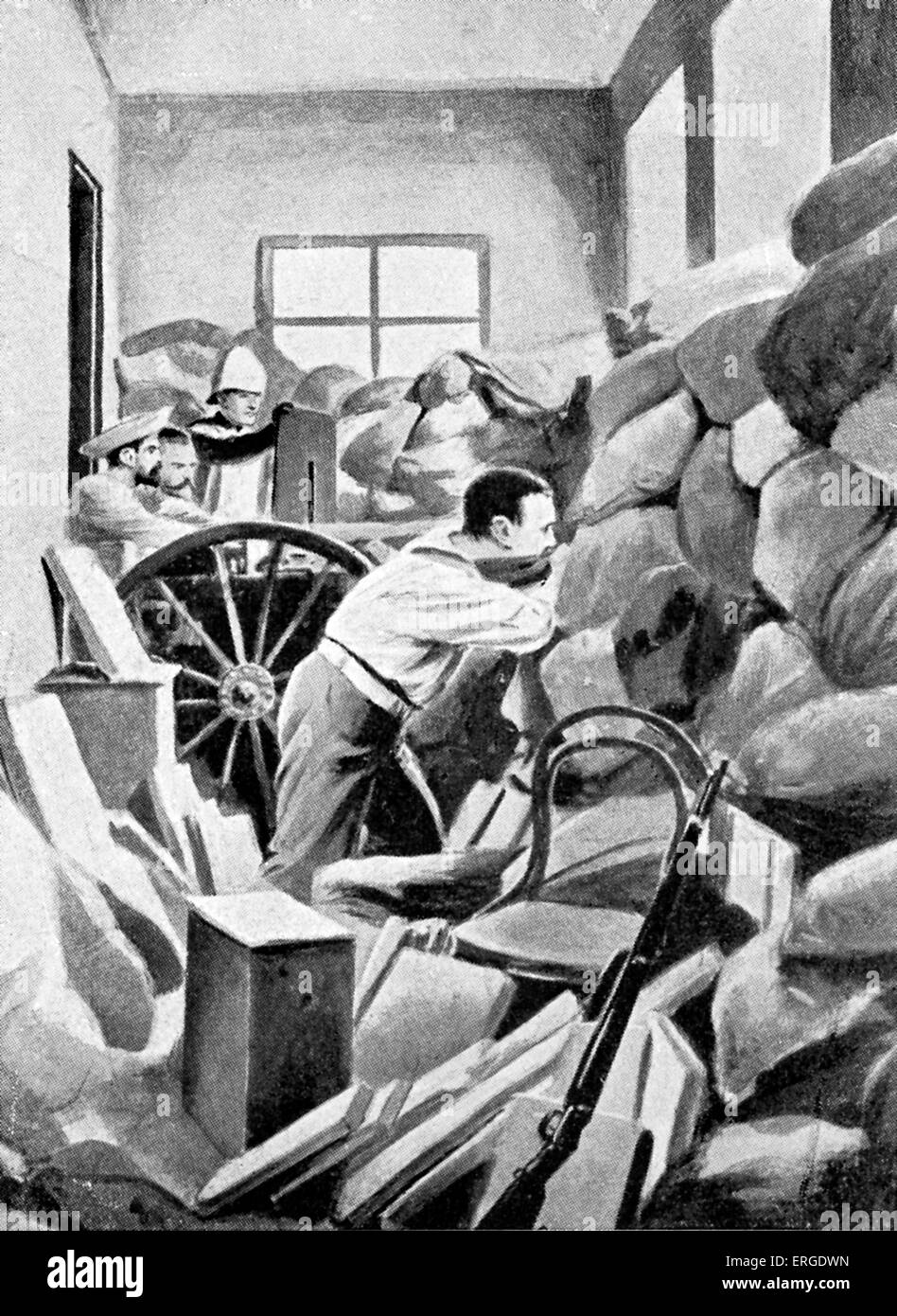 Boxer Rebellion a Pechino - Il marine britannico 's Nordenfeldt pistola utilizzata contro il Boxer sul balcone in Ministro britannico's Foto Stock