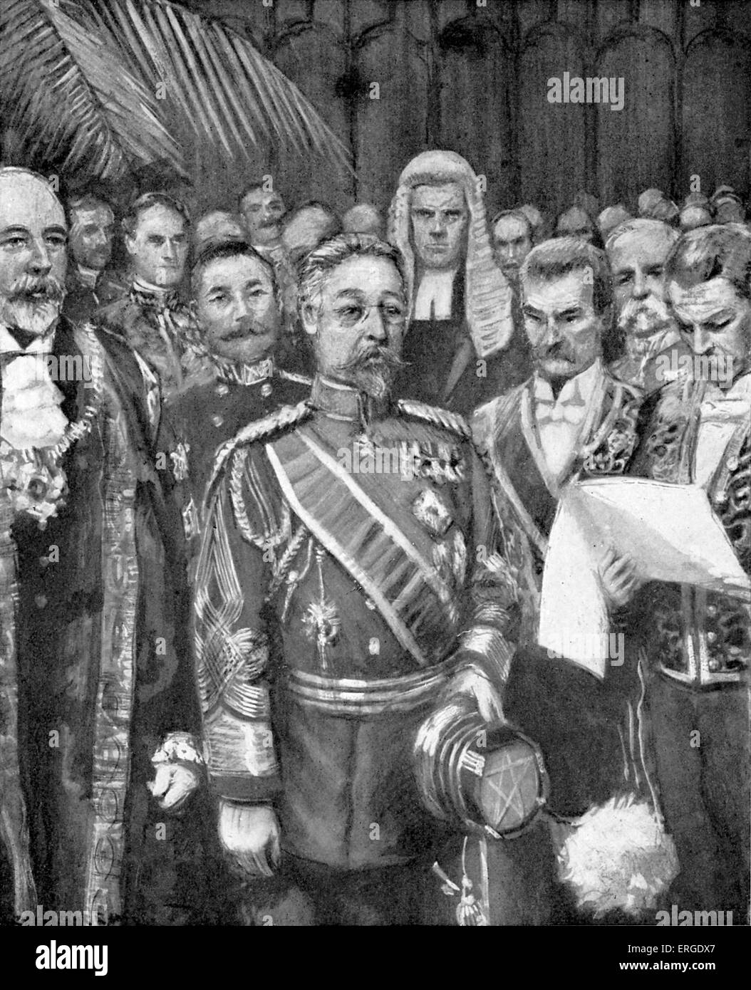 Il principe Fushimi Sadanaru 's visita in Gran Bretagna - presso la Guildhall, Londra, maggio 1907. Dal disegno di Arthur Garratt del periodo. Xxii capo di Fushimi-nessun miya shinnōke (ramo della Famiglia Imperiale) del Giappone e leader militari, 9 giugno 1858 - 4 febbraio 1923. Foto Stock