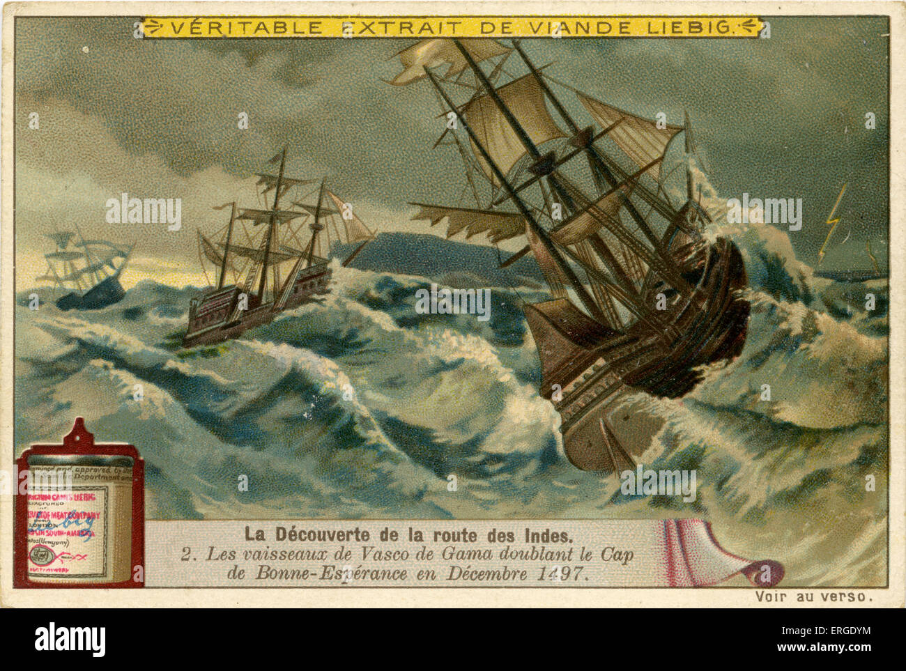 Vasco de Gama 's nave passa il Capo di Buona Speranza, dicembre 1497. La nave ha navigato nelle acque precedentemente sconosciuto agli europei. Foto Stock