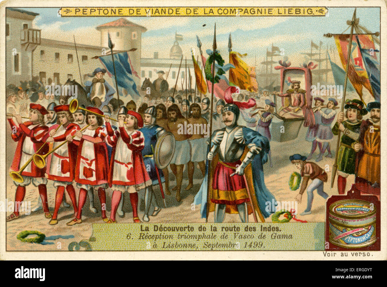Vasco de Gama 's trionfale ritorno a Lisbona, settembre 1499. Liebig Azienda carte collezionabili serie: "La scoperta del Foto Stock