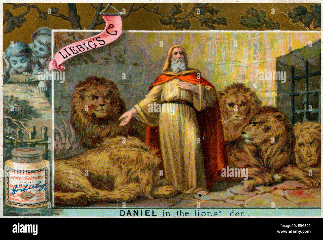 Daniel in the Lion's Den. Daniel (Capitolo 6:1-28). Scheda di Liebig serie. Foto Stock