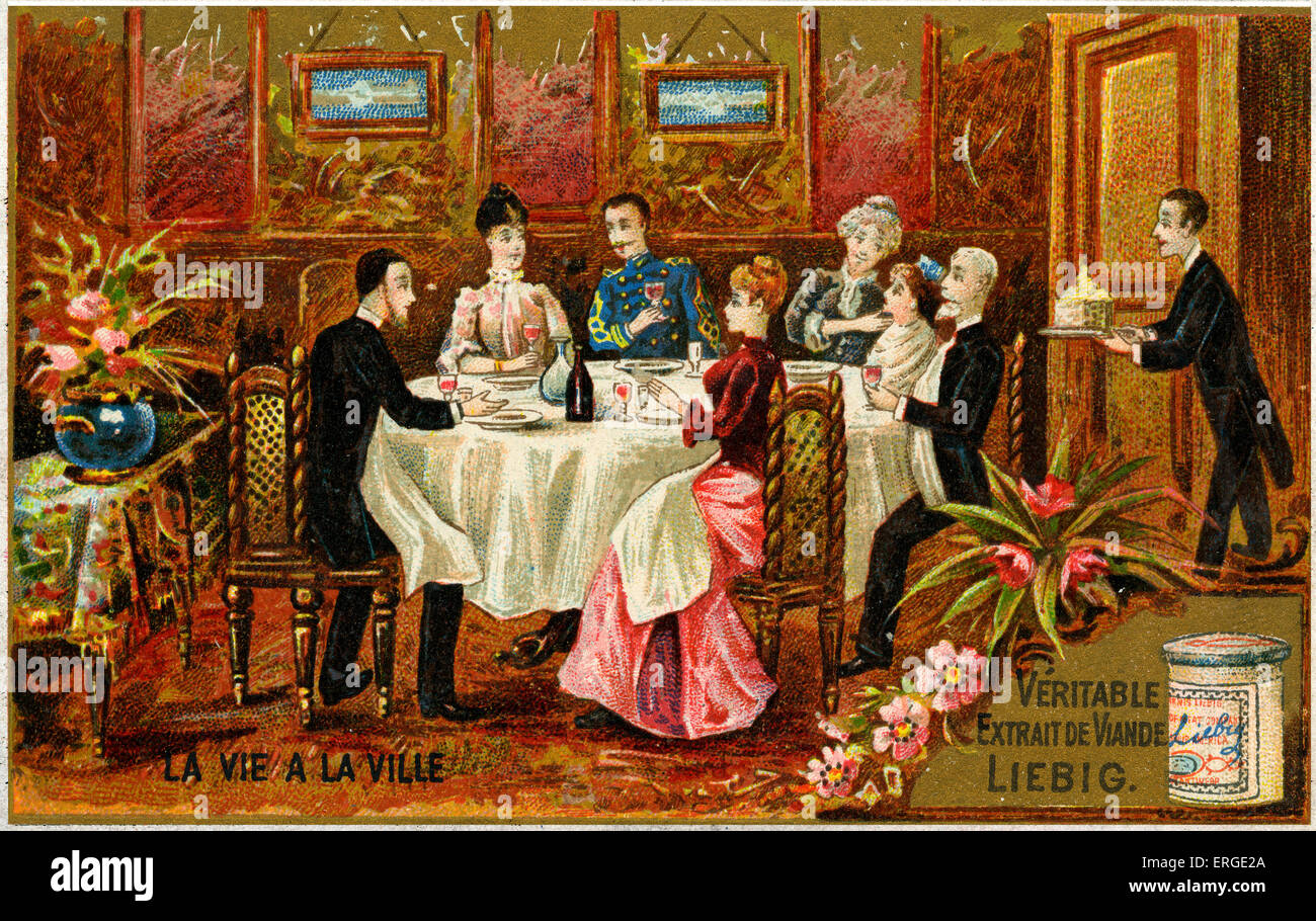 Vita borghese in città in Francia nel XIX secolo. La didascalia recita "La vie à la ville' Liebig serie di schede. Foto Stock