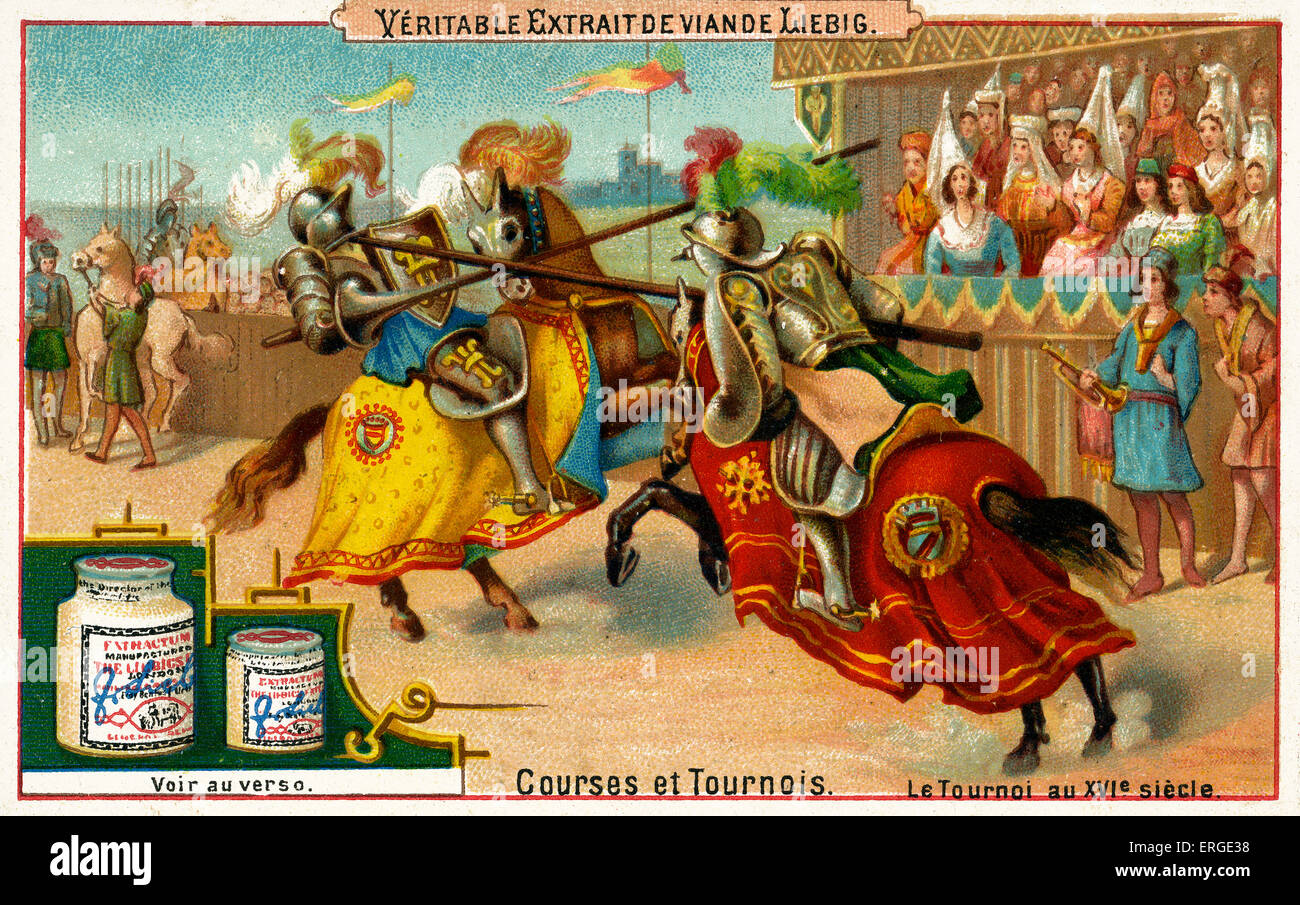 Spada lotta. La didascalia recita: 'La joute en champ clos - XVième siècle". Liebig serie scheda: Corsi et tornesi (1889). Foto Stock