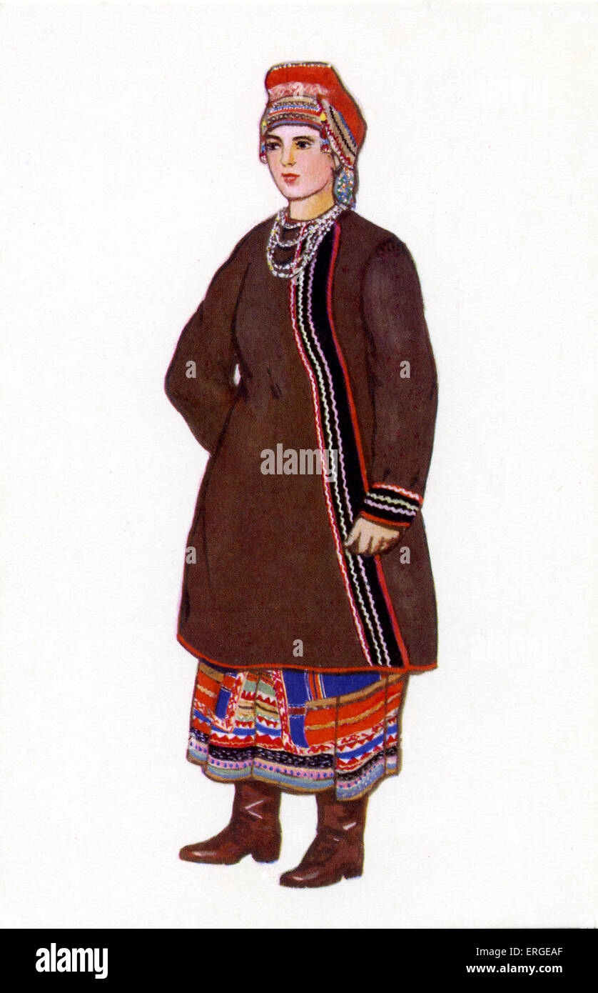 Russo abito tradizionale - Illustrazione da N. Vinogradova. 1969. Donna in abito di Kaluga provincia. Foto Stock