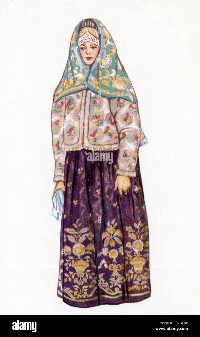 Russo abito tradizionale - Illustrazione da N. Vinogradova. Donna in abito  di domenica, Russia settentrionale Foto stock - Alamy