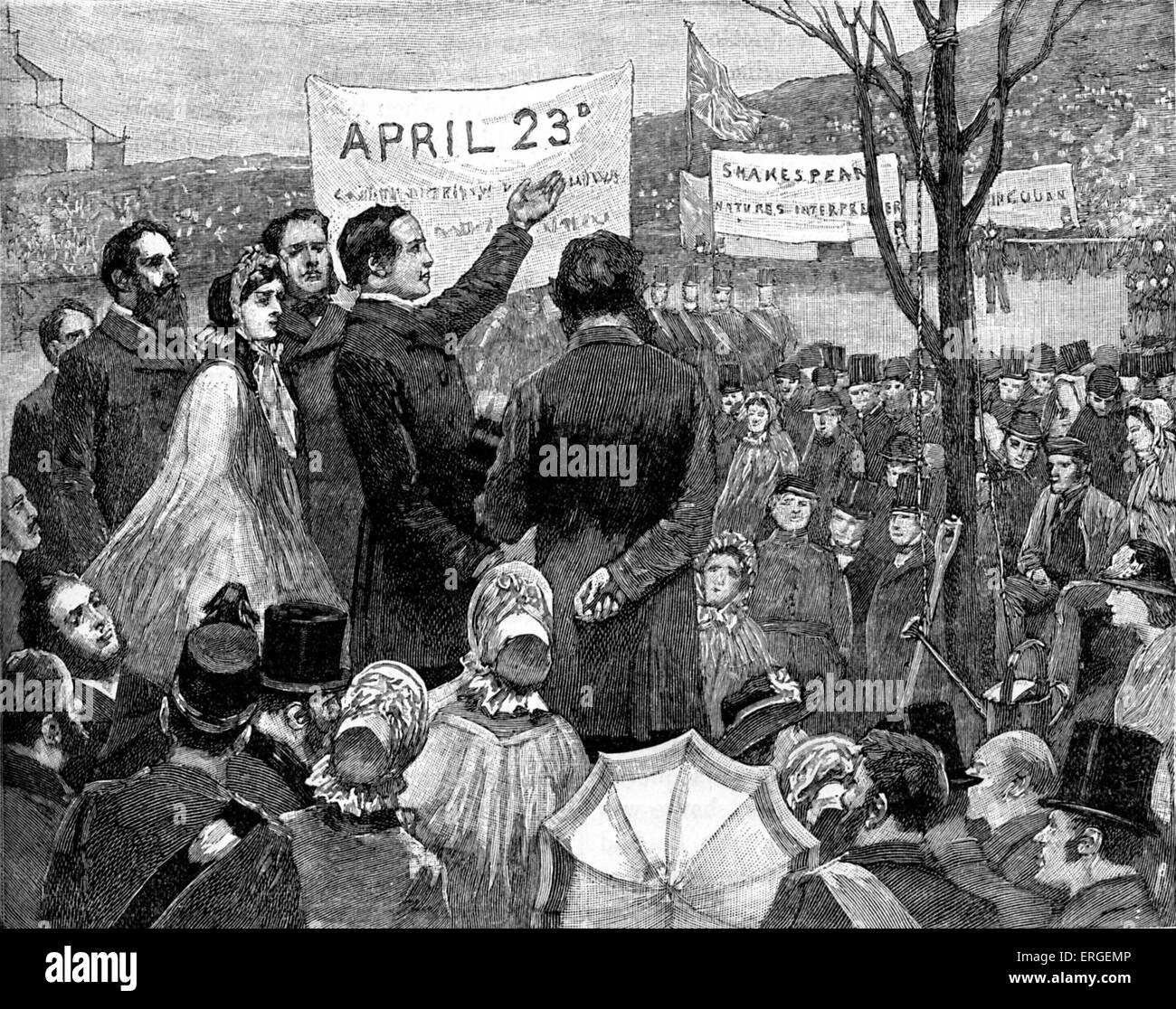 Signor Phelps piantagione 'Shakespeare 's Oak' a Primrose Hill, Londra, 1864. Fine del XIX secolo illustrazione. L'attore Samuel Phelps piantato l'albero in commemorazione del terzo centenario di William Shakespeare la nascita. SP: attore inglese e teatro mangager, 13 Febbraio 1804 - 6 novembre 1878. WS: Inglese poeta e drammaturgo battezzato 26 Aprile 1564 - 23 aprile 1616. Foto Stock