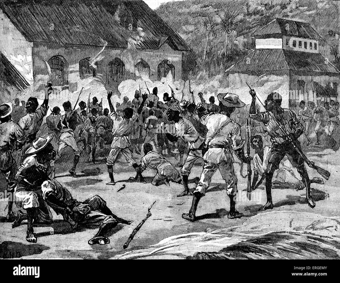 Attacco alla Court-House, San Tommaso-nel-East, Giamaica, durante Morant Bay ribellione. 11 ottobre 1865. La ribellione guidata da Paul Bogle seguente incarcerazione dell uomo per la trasgressione a lungo abbandonato plantation. Foto Stock