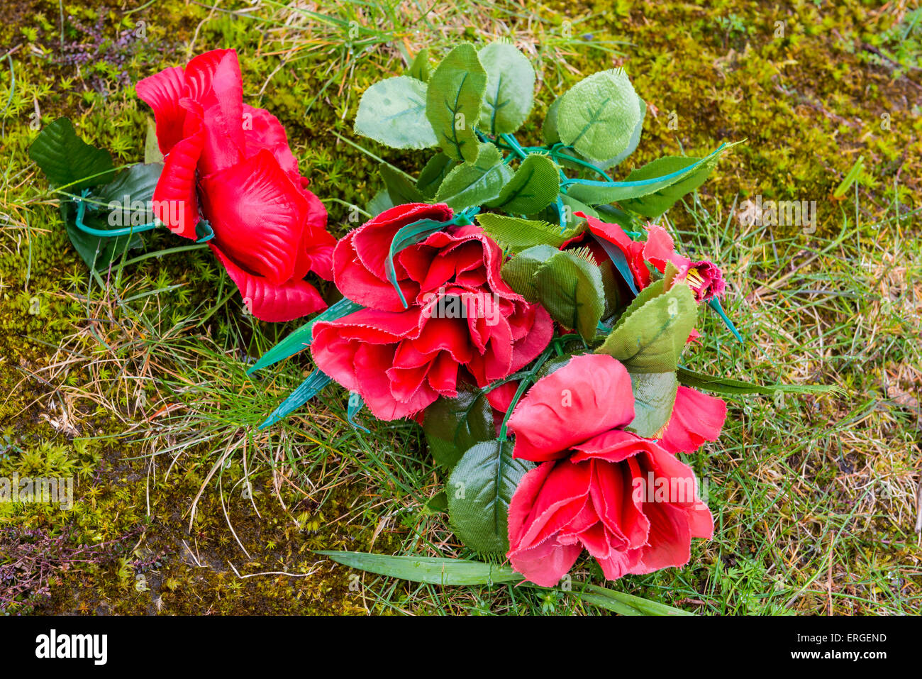 Plastica Rose artificiali sulla tomba in Scozia. Foto Stock