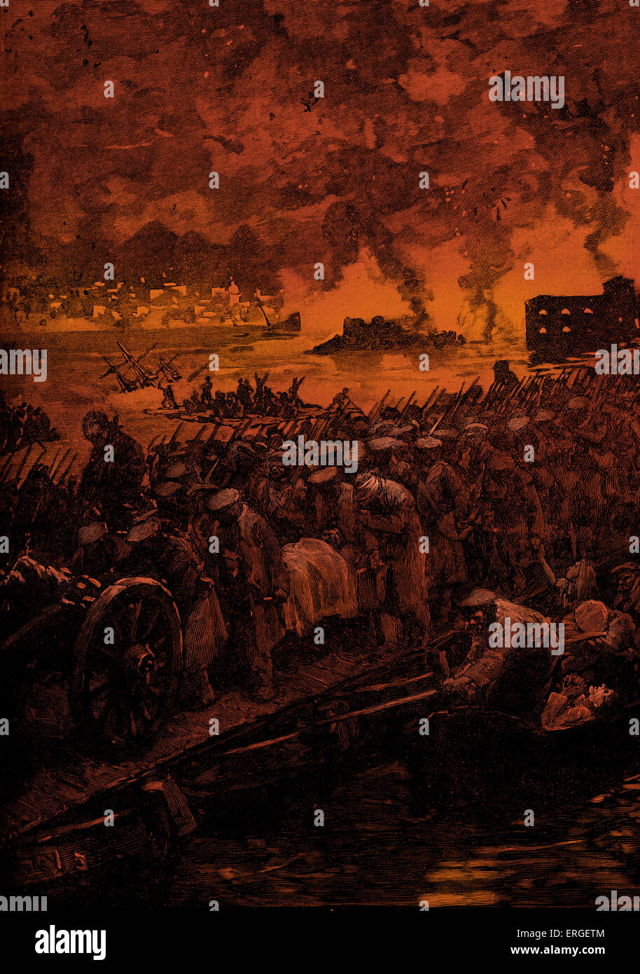 Evacuazione russa di Sebastopoli durante la Guerra di Crimea. Assedio di Sebastopoli da Allied (francese, britannico, ottomani e sardo) Foto Stock