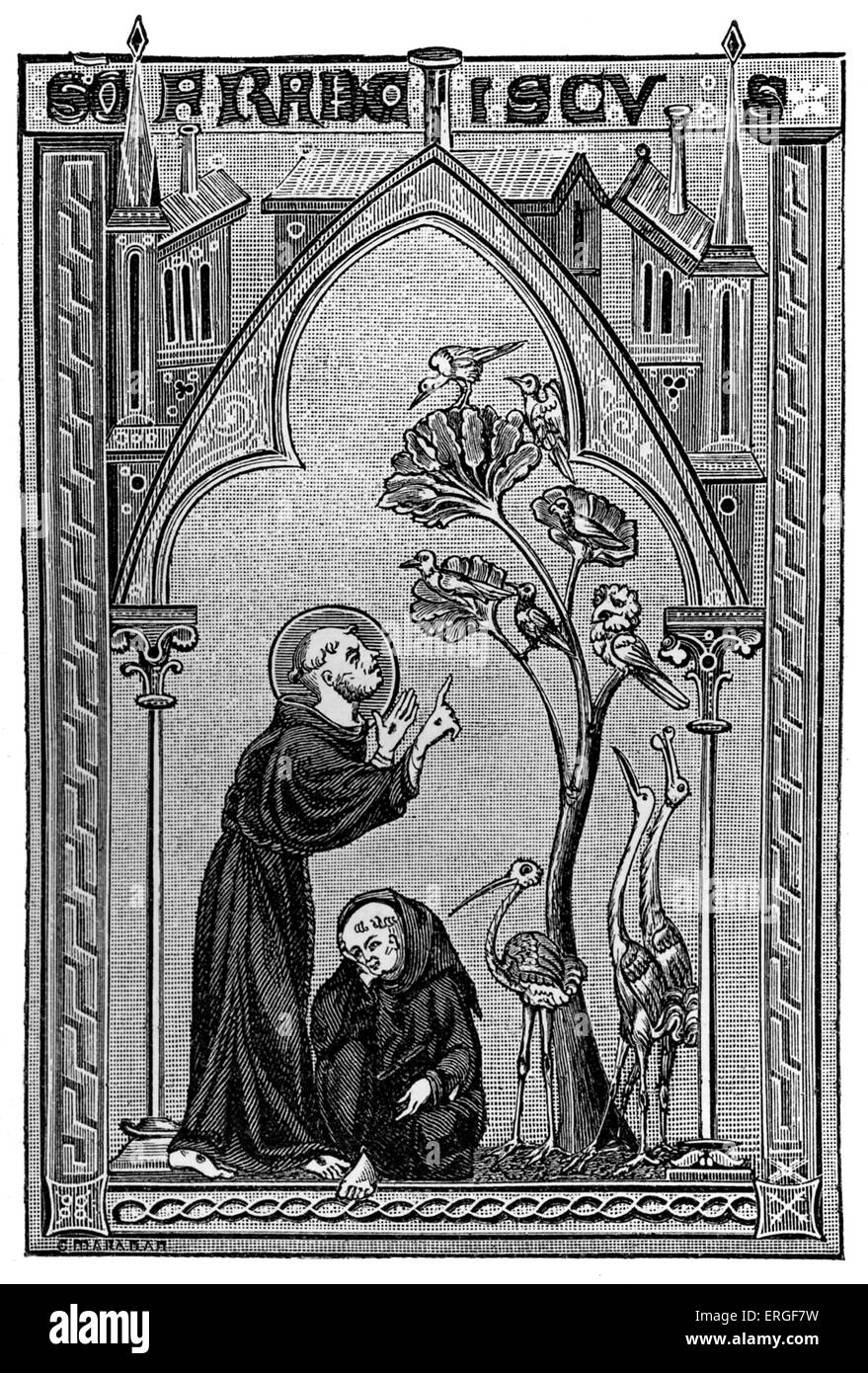San Francesco di Assisi a parlare con gli uccelli - dal salterio, in miniatura del XIII secolo. FA: Giovanni Francesco di Bernardone, Foto Stock