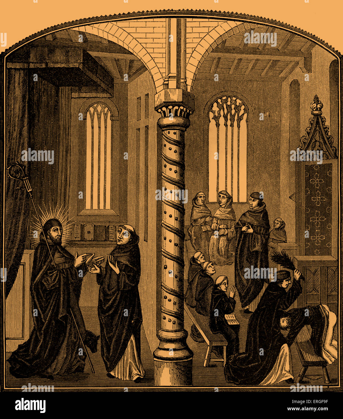 Scuola di monaci mendicanti: Birching. Dal XV cenutry miniatura del manoscritto (Borgogna Biblioteca Pubblica, Bruxelles). Ccorporal Foto Stock
