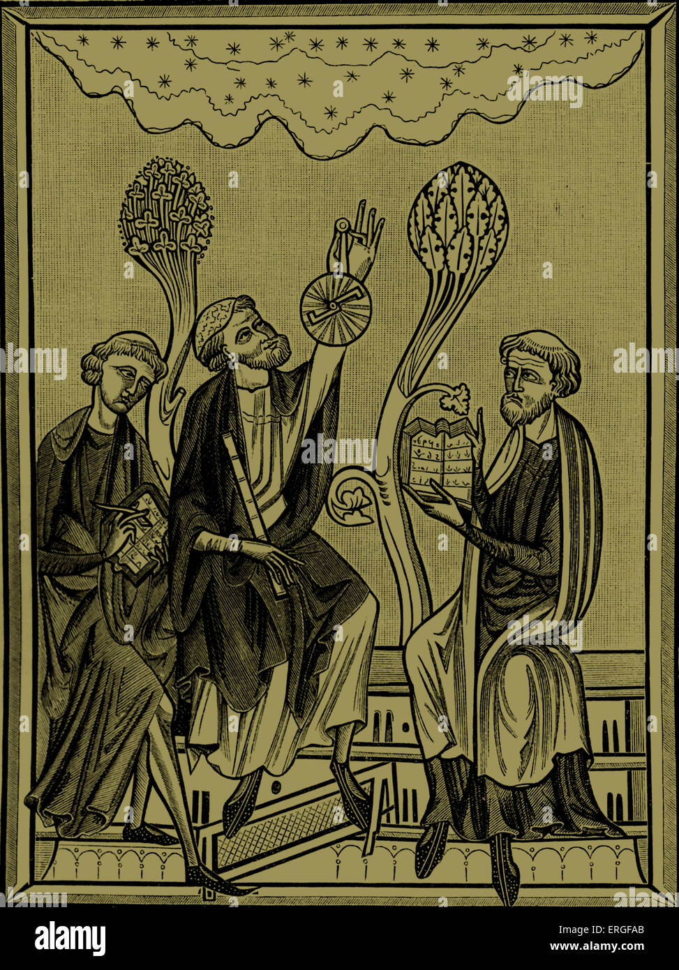 " Una lezione di Astronomia" - dalla miniatura nel breviario di St Louis XIV secolo (l'Arsenal Library, Parigi, Francia). Foto Stock