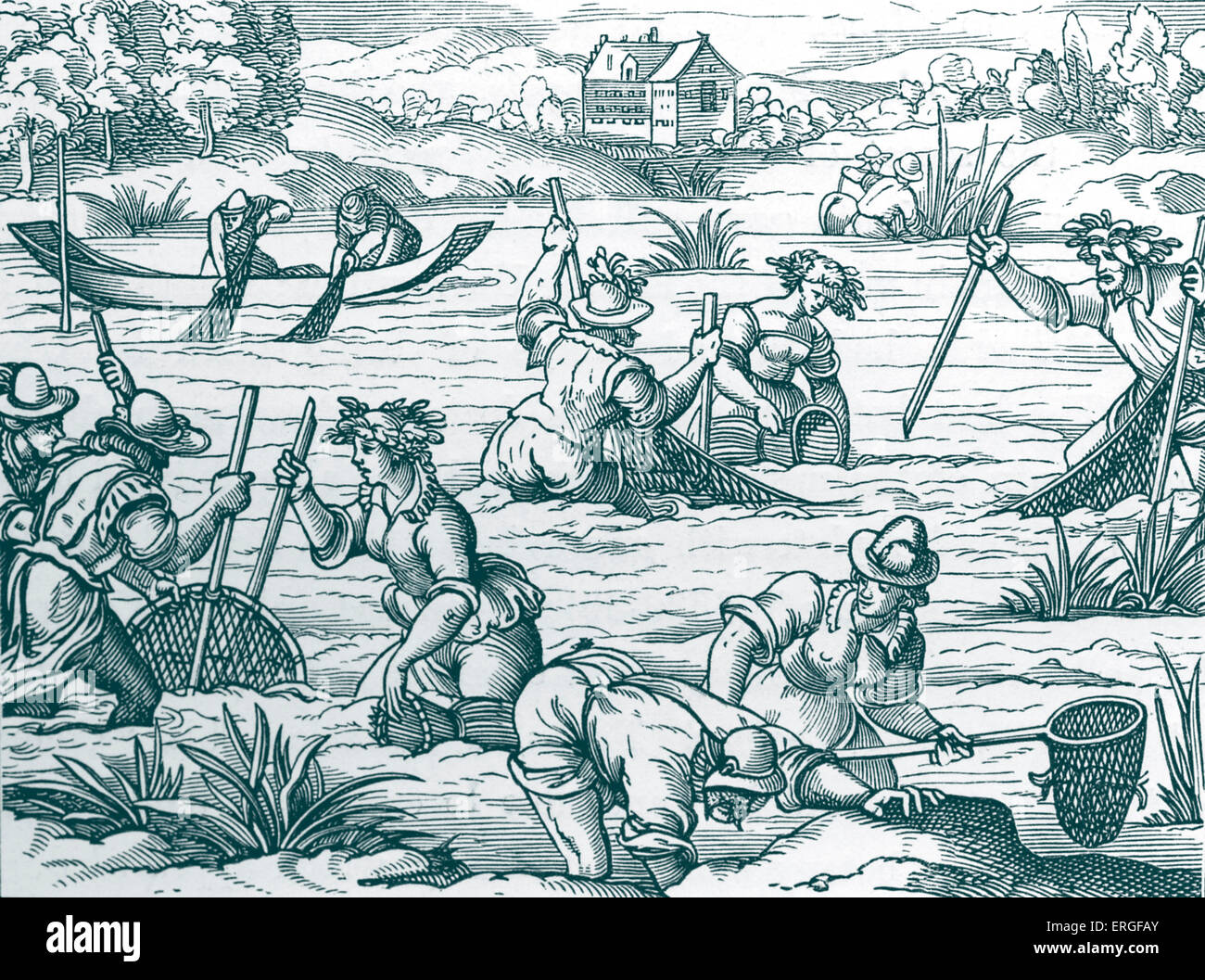 Pesca di fiume - dal facsimile della incisione su legno in edizione latina di Plinio (Gaio Plinio Secundus, il sambuco, autore romano, Foto Stock