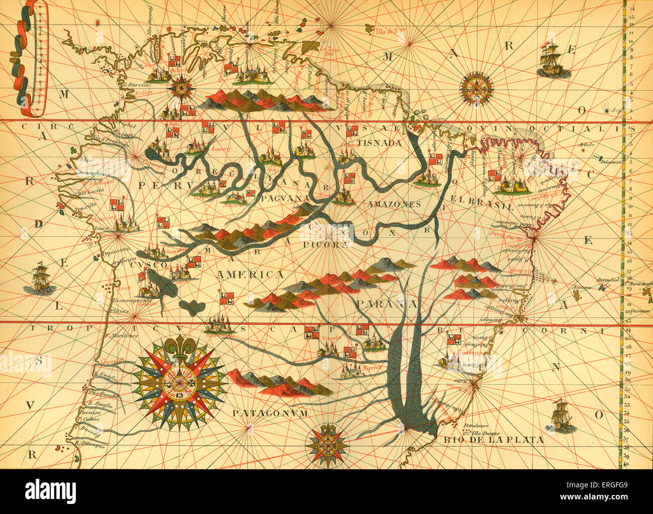 Mappa di Sud America - da riproduzione ridotta della mappa in spagnolo atlas da Joan Martinès a Messina, 1582. Foto Stock