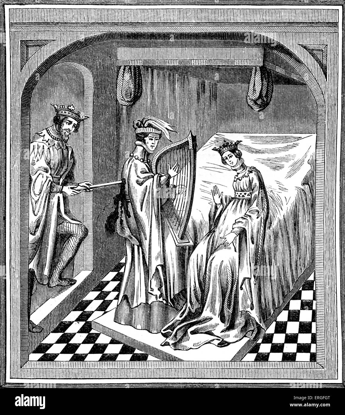 "Re Mark accoltellato Tristan in presenza di Ysolt' - dopo la miniatura nel xv secolo manoscritto. Tristano e Iseult, XII Foto Stock
