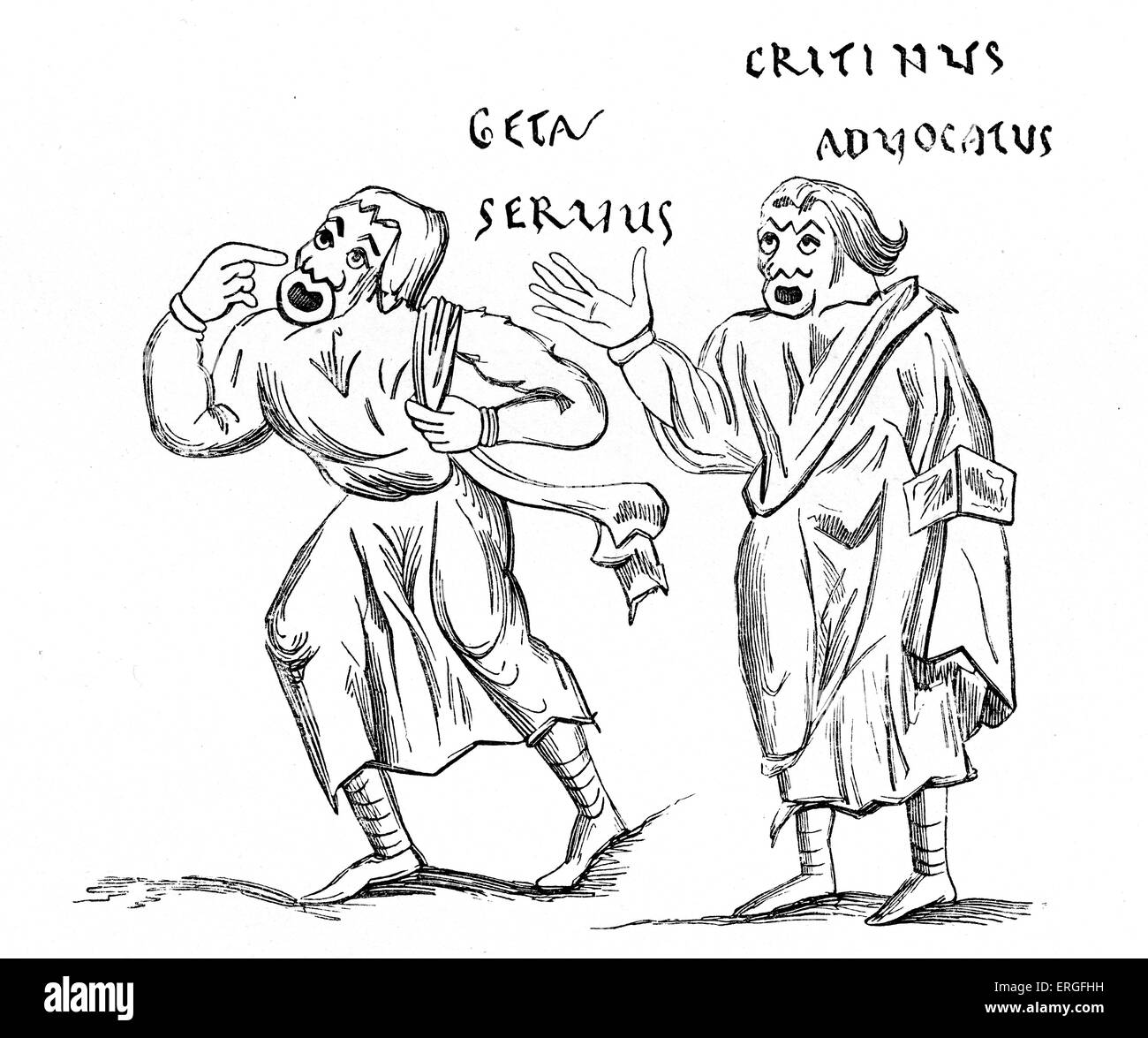 Lo Slave e l avvocato- rappresentante caratteri del teatro antico, da commedie di Terenzio. Manoscritto del X secolo. Foto Stock