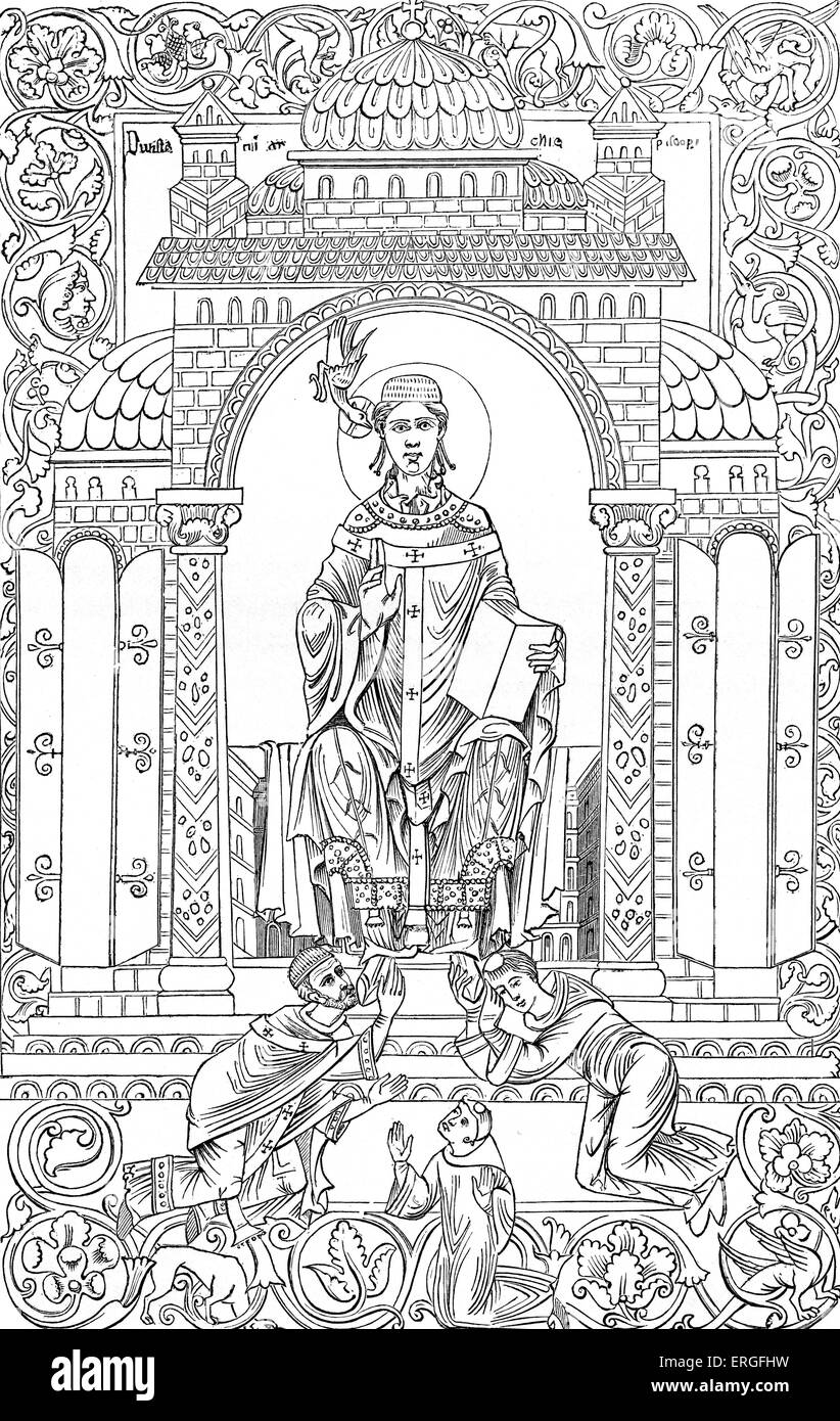 Papa Gregorio I - invio di missionari per convertire in Inghilterra al cristianesimo. Dalla miniatura nel manoscritto del X secolo attribuito Foto Stock