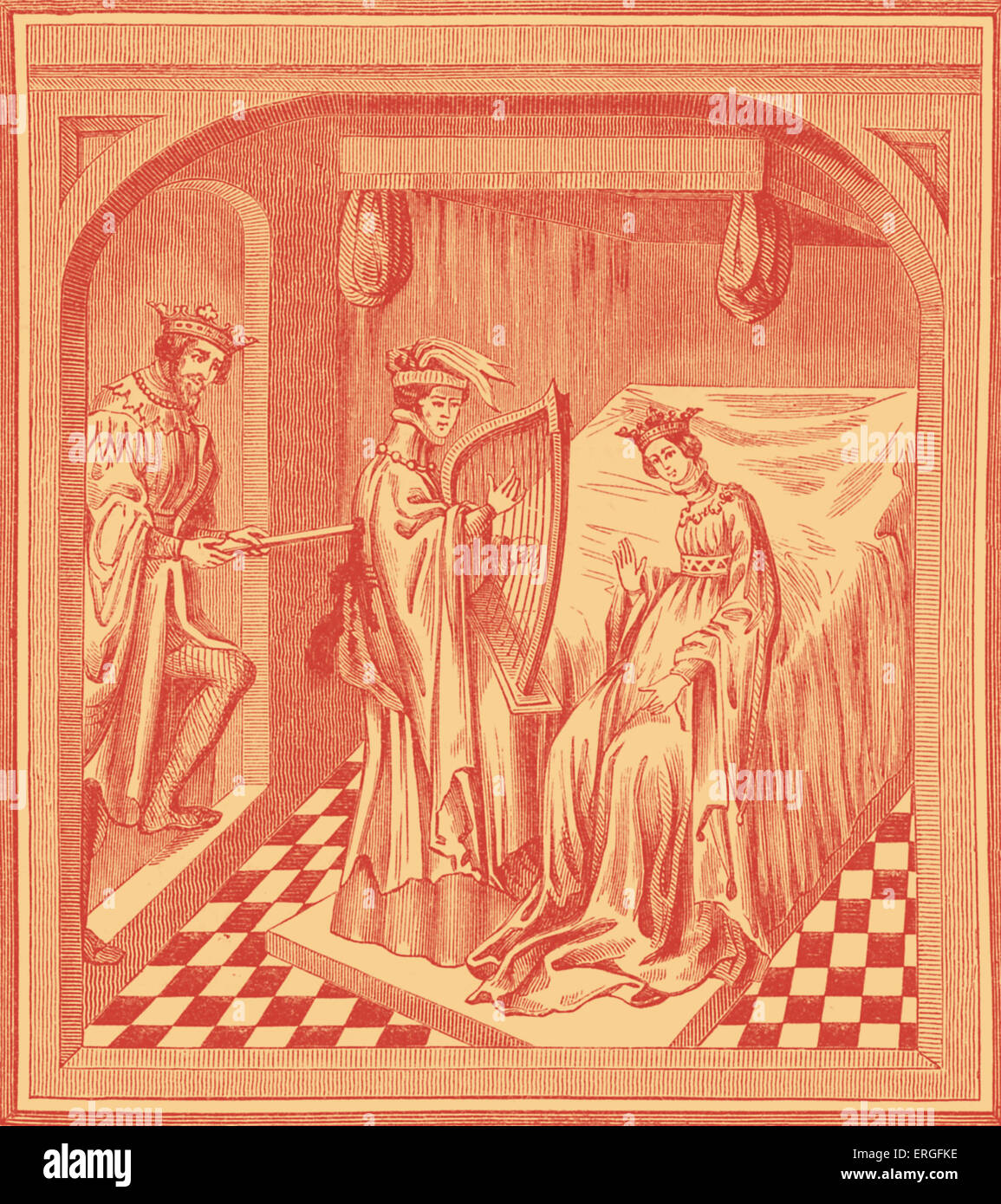 "Re Mark accoltellato Tristan in presenza di Ysolt' - dopo la miniatura nel xv secolo manoscritto. Tristano e Iseult, XII Foto Stock