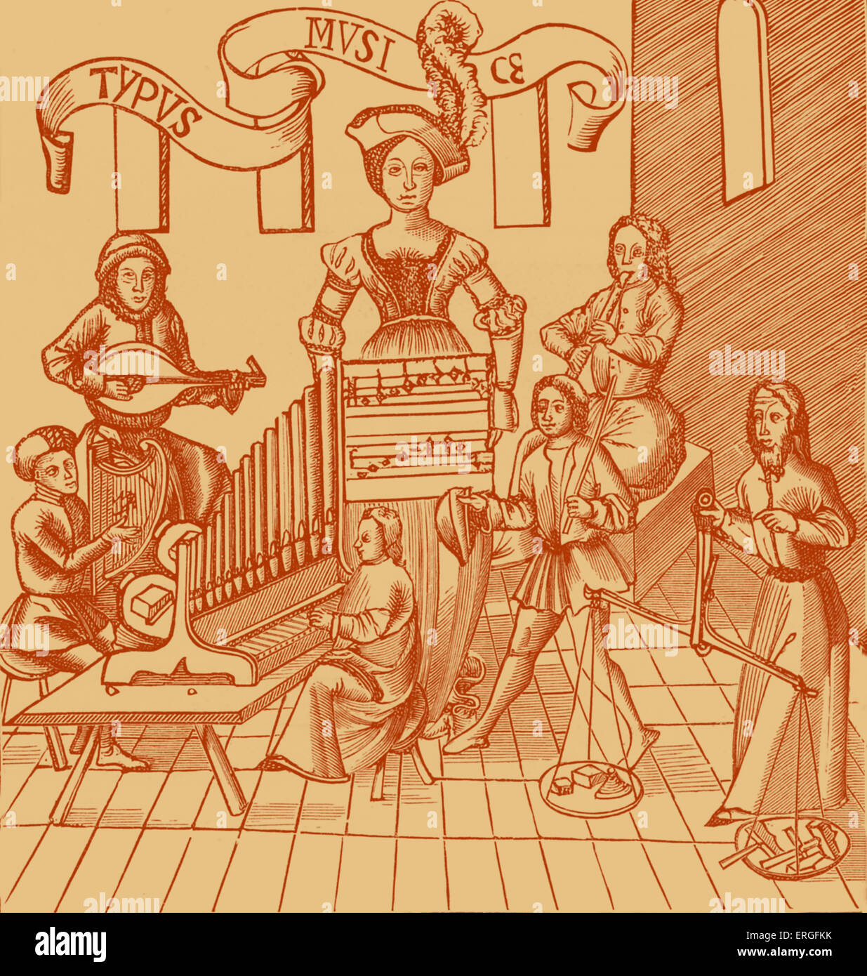'La personificazione della musica' - dopo incisione su legno in 'Margarita Philosophica', 1508. Foto Stock