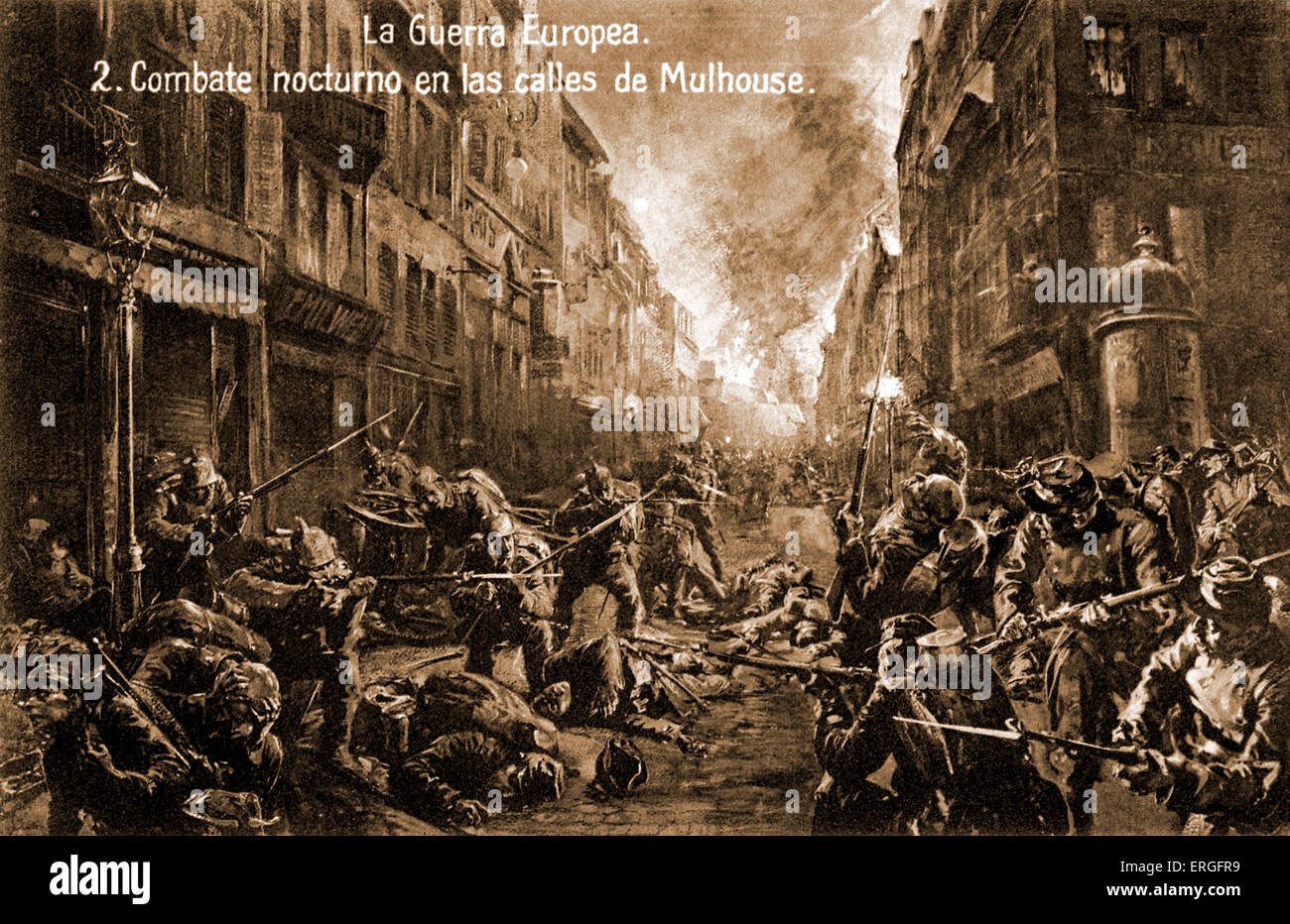 La prima guerra mondiale: combattimenti in notturna a Mulhouse, Alsazia, Francia. Foto Stock