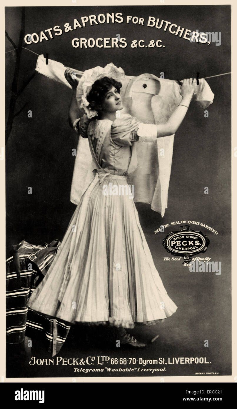 John Peck & Co: cappotti e grembiuli per macellerie, Groces & Co. Nei primi anni del XX secolo annuncio. Il negozio si trova a 66 - 70 Byron Street, Foto Stock