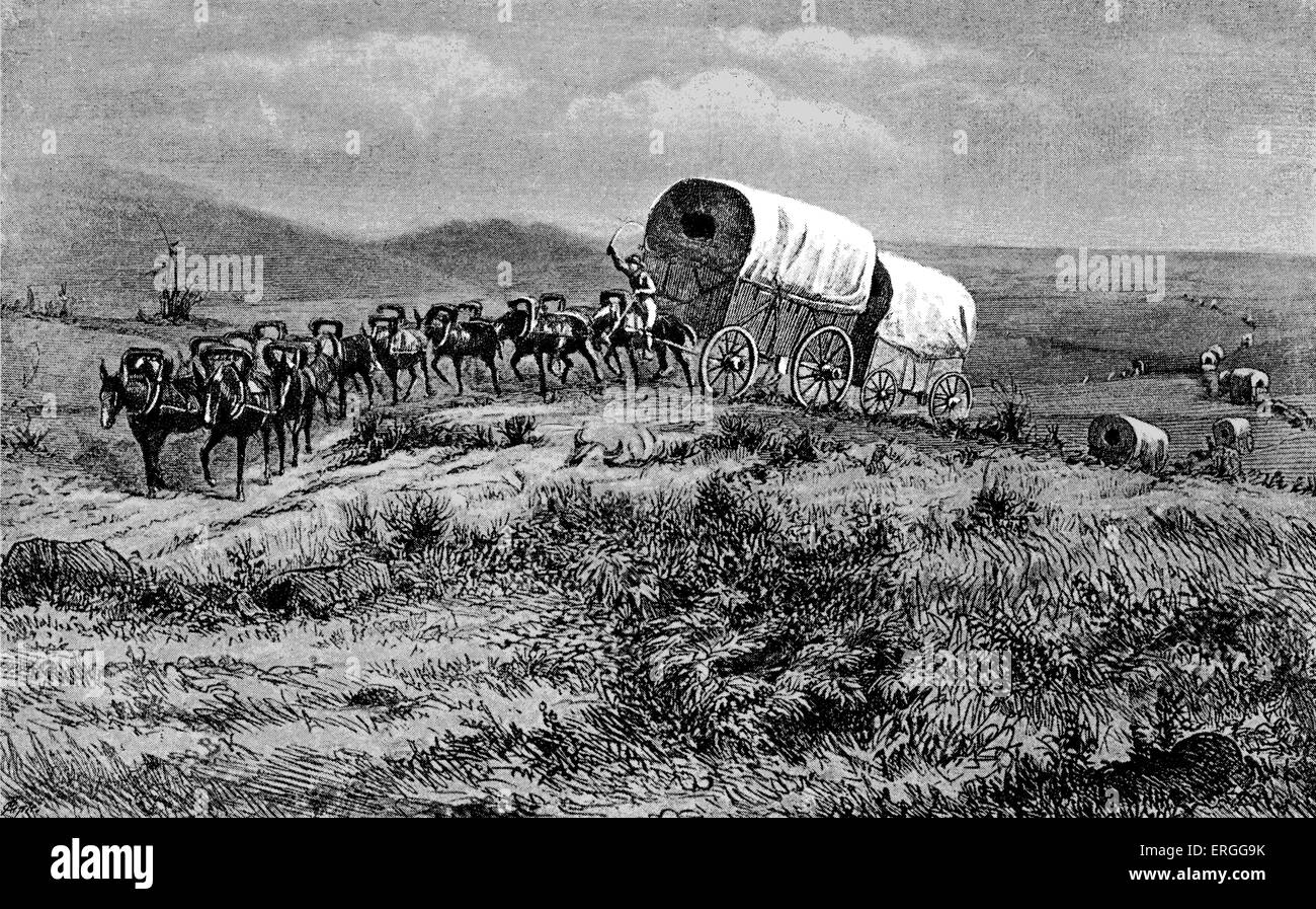 Mulo-train preparando per avviare sulle pianure di insediamenti in Arizon c.1880s. Illustrazione da Bohuslav Kroupa (1838 - 1912) Foto Stock