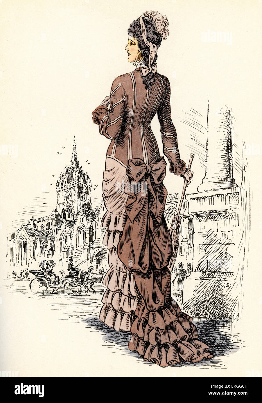 Le donne scozzesi 's fashion: 1881 . Illustrazione con alta Kirk e Cattedrale di St Giles in background, Edimburgo nel 1880 Foto Stock