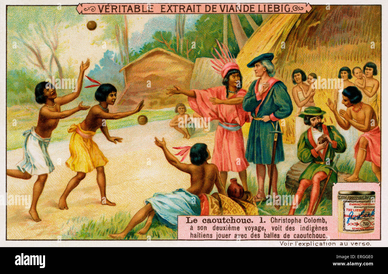 La storia di gomma: Christopher Columbus. Durante il suo secondo viaggio di Cristoforo Colombo vide che gli indigeni gli haitiani Foto Stock