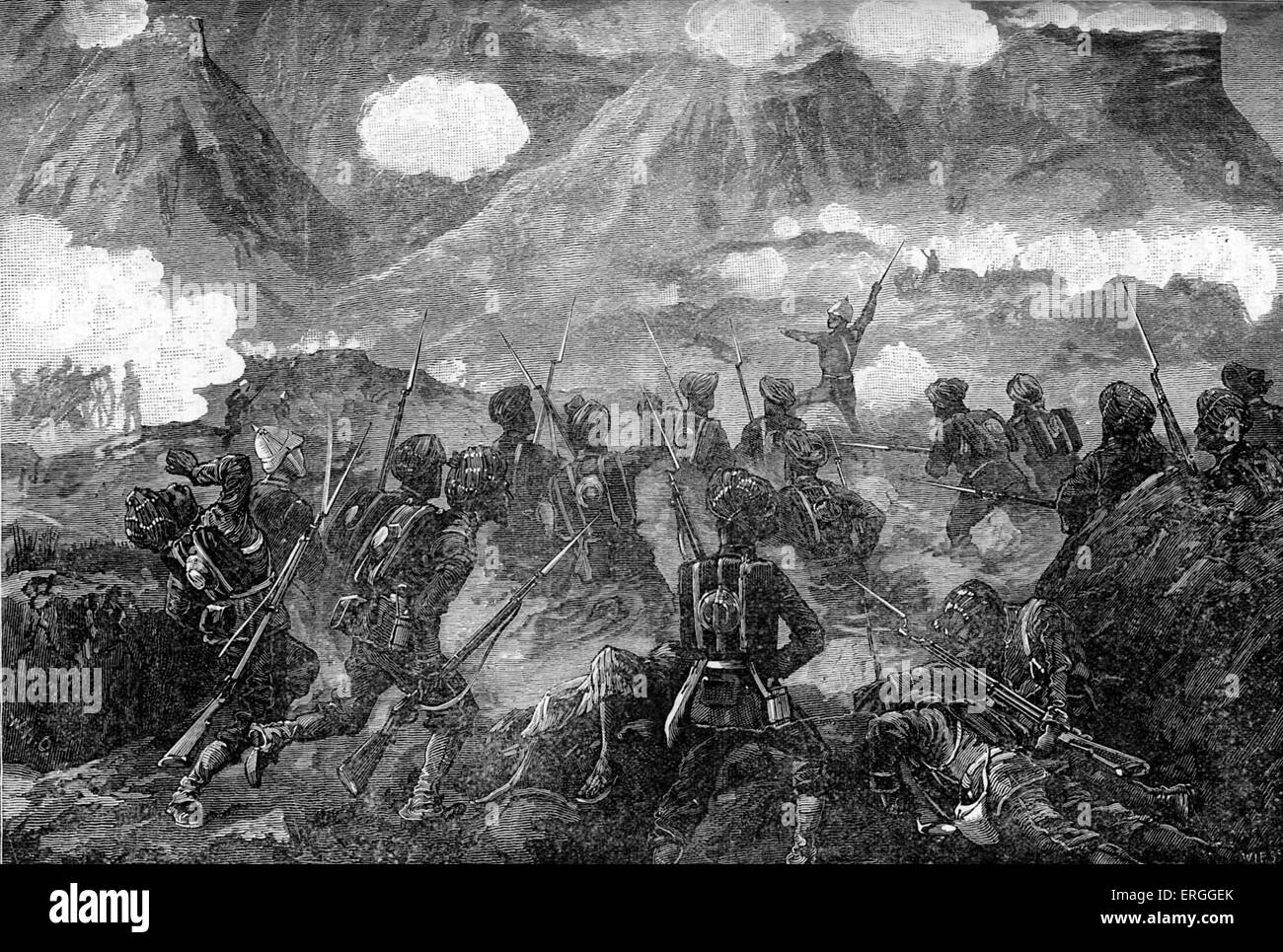Seconda Guerra Anglo-Afghan: Attacco su Ali Masjid da British Peshawar Valle forza di campo sotto il generale Sir Samuel Browne, 1878. Foto Stock
