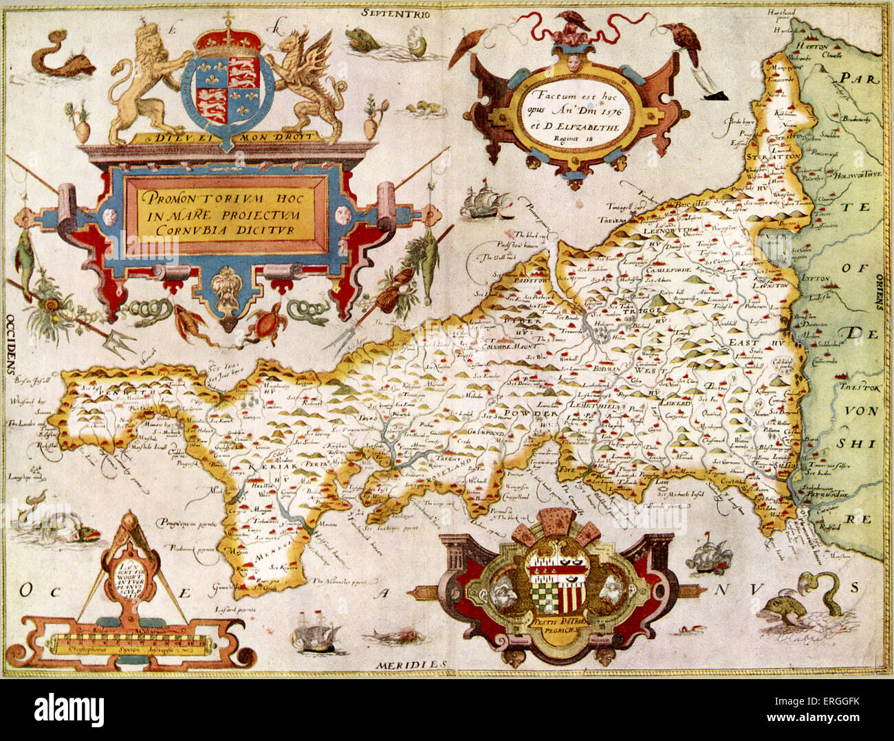 Mappa della Contea della Cornovaglia nel 1576 ( Inghilterra) in Saxton 's "Atlas delle contee dell'Inghilterra, 1574 - 9. . (Anche il diritto: Foto Stock
