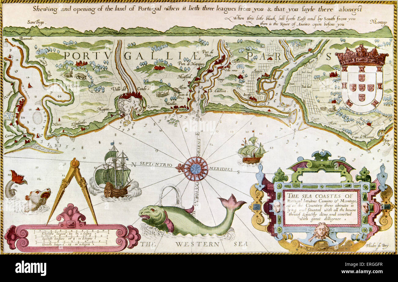Mappa della costa nord di Inghilterra in 'Il Mariner's Mirror' da Wagenar - Pagina del titolo. Pubblicato 1588. (A pieno titolo: " Foto Stock