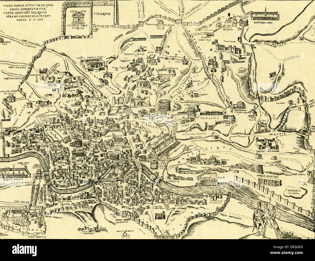 Mappa della città di Roma e i suoi antichi monumenti - in "Civitas Oreis Terrarum" da Braun e Hogenberg. Prenota 2: 1574 - 1618. L'Italia. Foto Stock