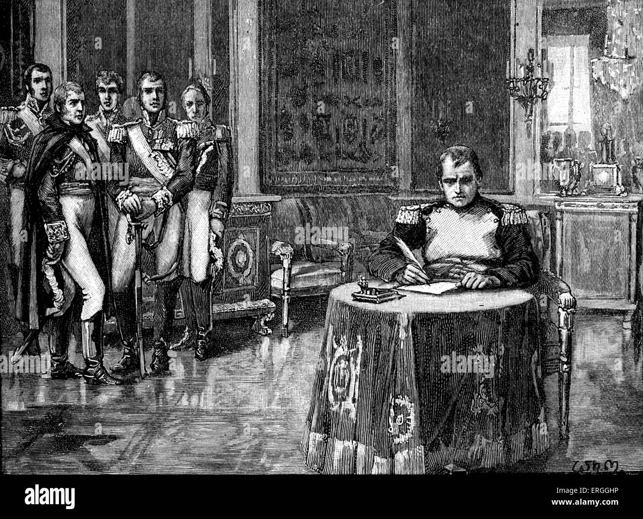 Abdicazione di Napoleone I di Francia - firma la sua abdicazione come Imperatore di Francia. 1814. Militari francesi e leader politico Foto Stock
