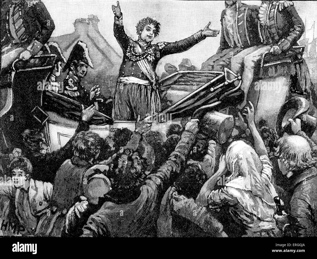 George IV 's in atterraggio a Howth, Dublino, Irlanda. 1821. Brevemente ha funzionato come porto di pacchetto di posta elettronica (servizio postale nave). Deco: Foto Stock