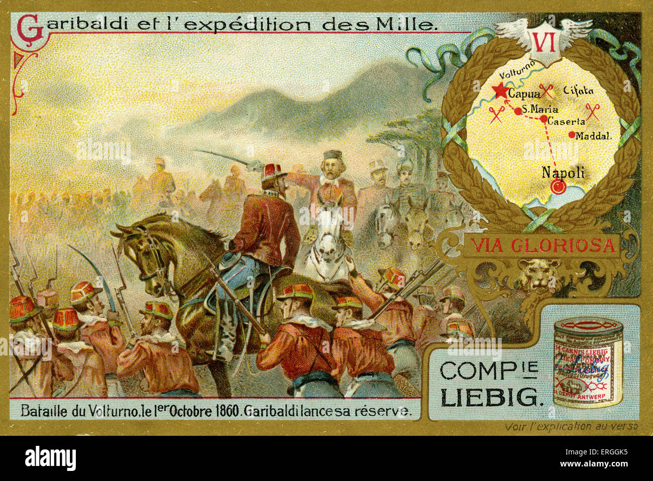 Garibaldi e la spedizione dei Mille. Illustrazione del 1910. Battaglia di Volturno, 1 ottobre 1860. L'Italia. Spedizione dei Mille, evento del Risorgimento italiano (Italiano) unificazione con lo scopo di recuperare la Sicilia dalla regola di Borbone. Liebig Card da collezione. Giuseppe Garibaldi, generale italiano uomo politico e patriota, 4 luglio 1807 - 2 giugno 1882. Foto Stock