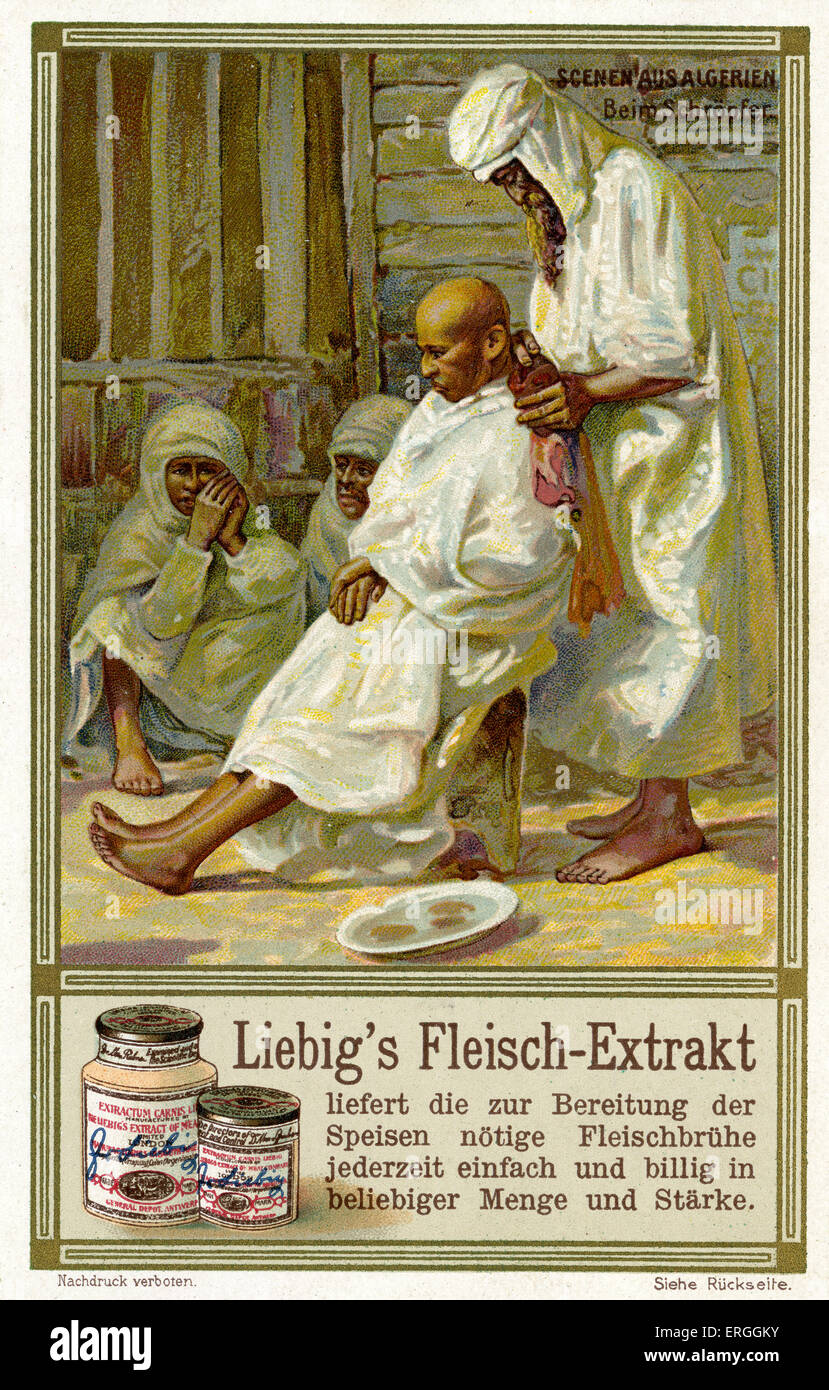 Scene algerino: al barbiere . Illustrazione del 1910. Liebig estratto di carne di Carte Collezionabili. Foto Stock